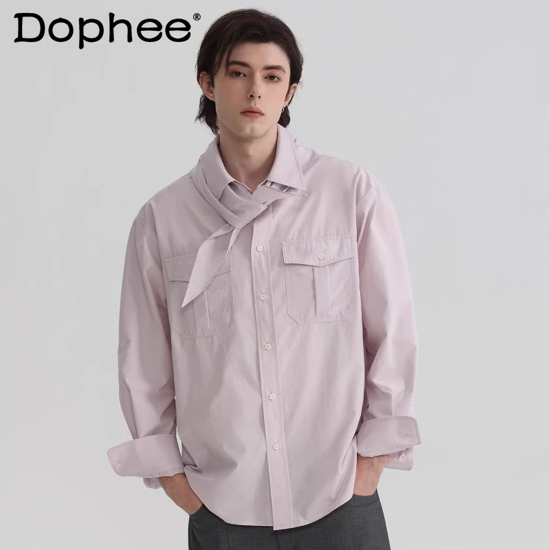 

Fashion Scarf Design Pocket Decoration Shirts Men's 2026 Spring New Solid Color Long Sleeve Shirts Simple Single-breasted Tops