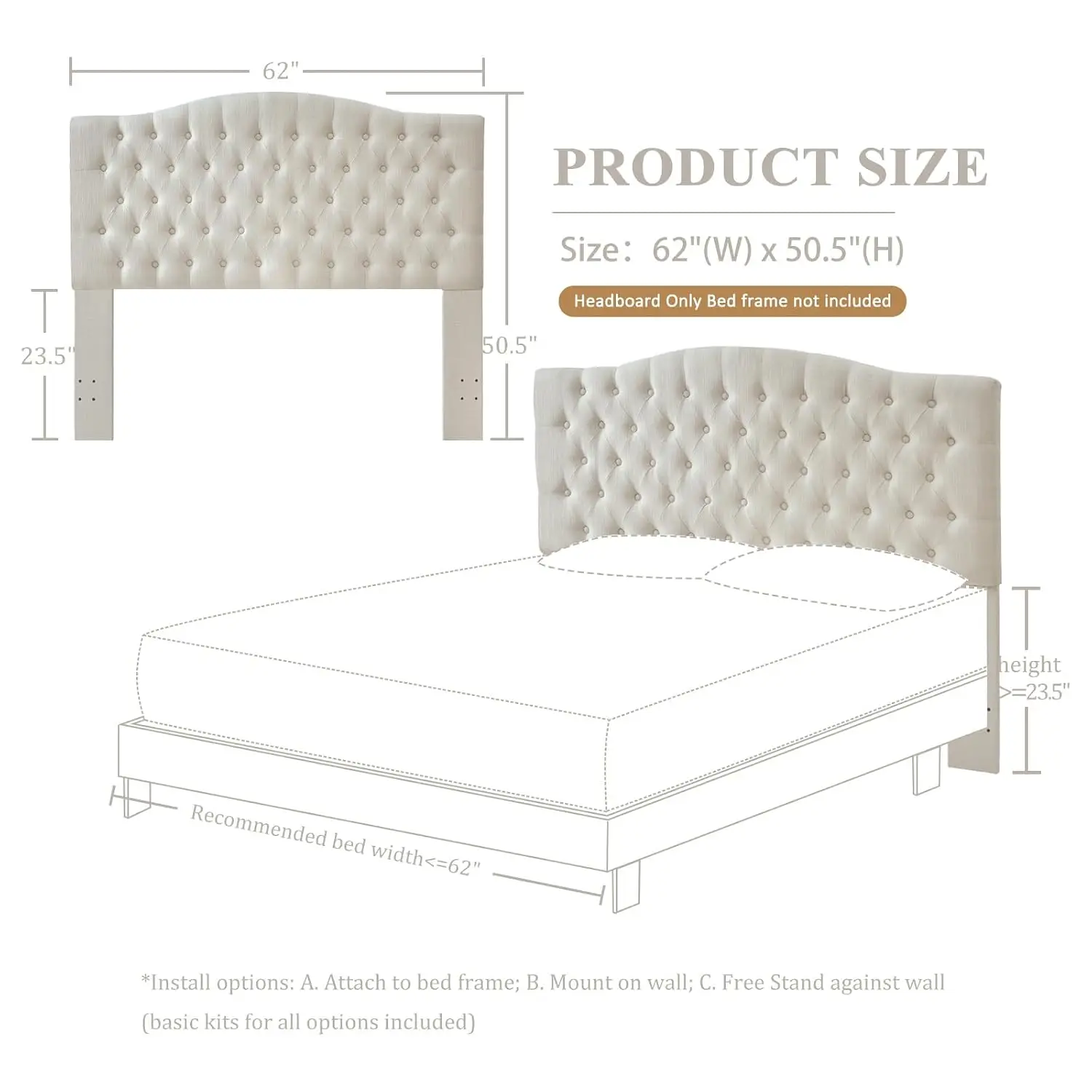 Linen Queen Headboard Wall Mount Upholstered Bedroom Furniture, Customized image 3