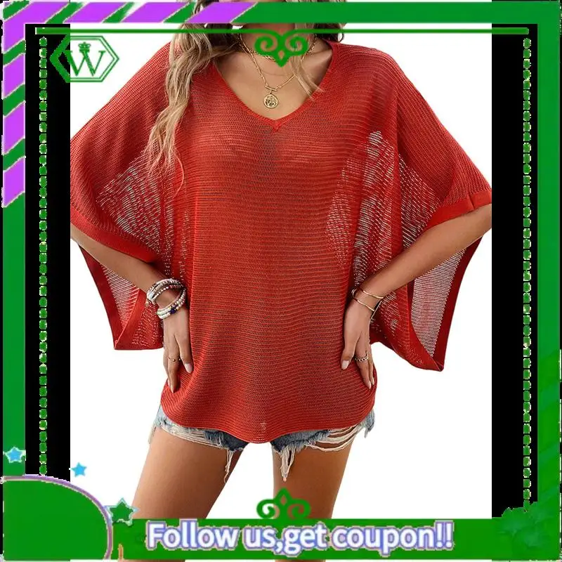 

A18P-Womens V Neck Waffle Knit Loose Fit Shirts Short Sleeve Summer Casual 2025 Trendy Blouses Y2K Plain Tees