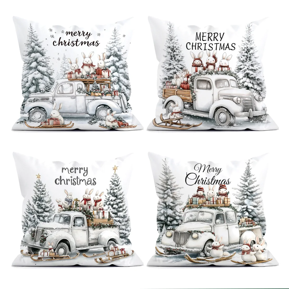 Christmas bunny gift delivery team  Cushions Pillowcase Polyester Cushion Cover Throw Pillow Pillowcover Home Car Sofa Decor