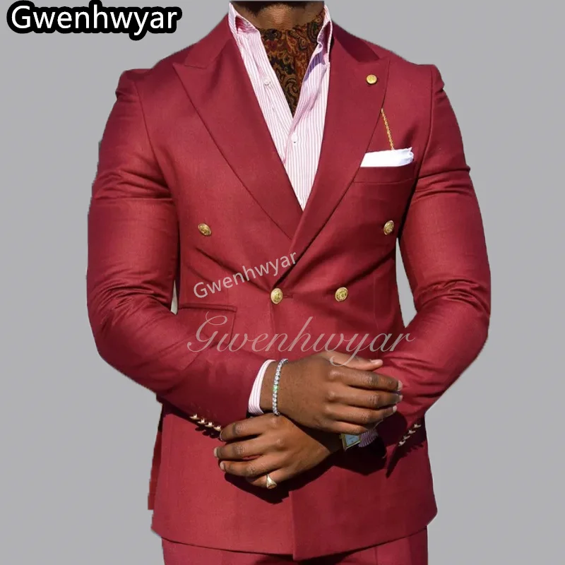 

Gwenhwyar уличный красный двубортный мужской костюм с пиковыми лацканами для жениха, выпускного вечера, облегающий свадебный повседневный пиджак на каждый день, комплект из 2 предметов