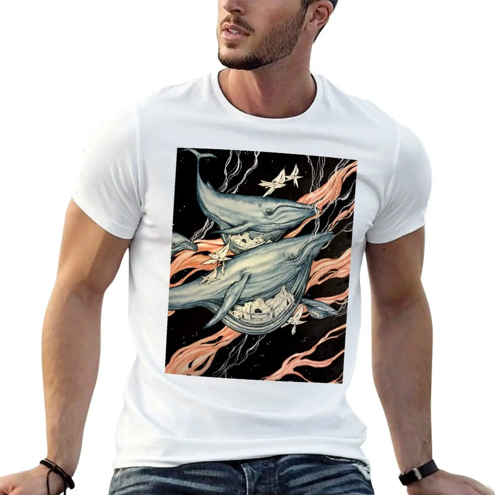 تي شيرت حيتان الفضاء تي شيرت مضحك تي شيرت رجل رجل تي شيرت قطن