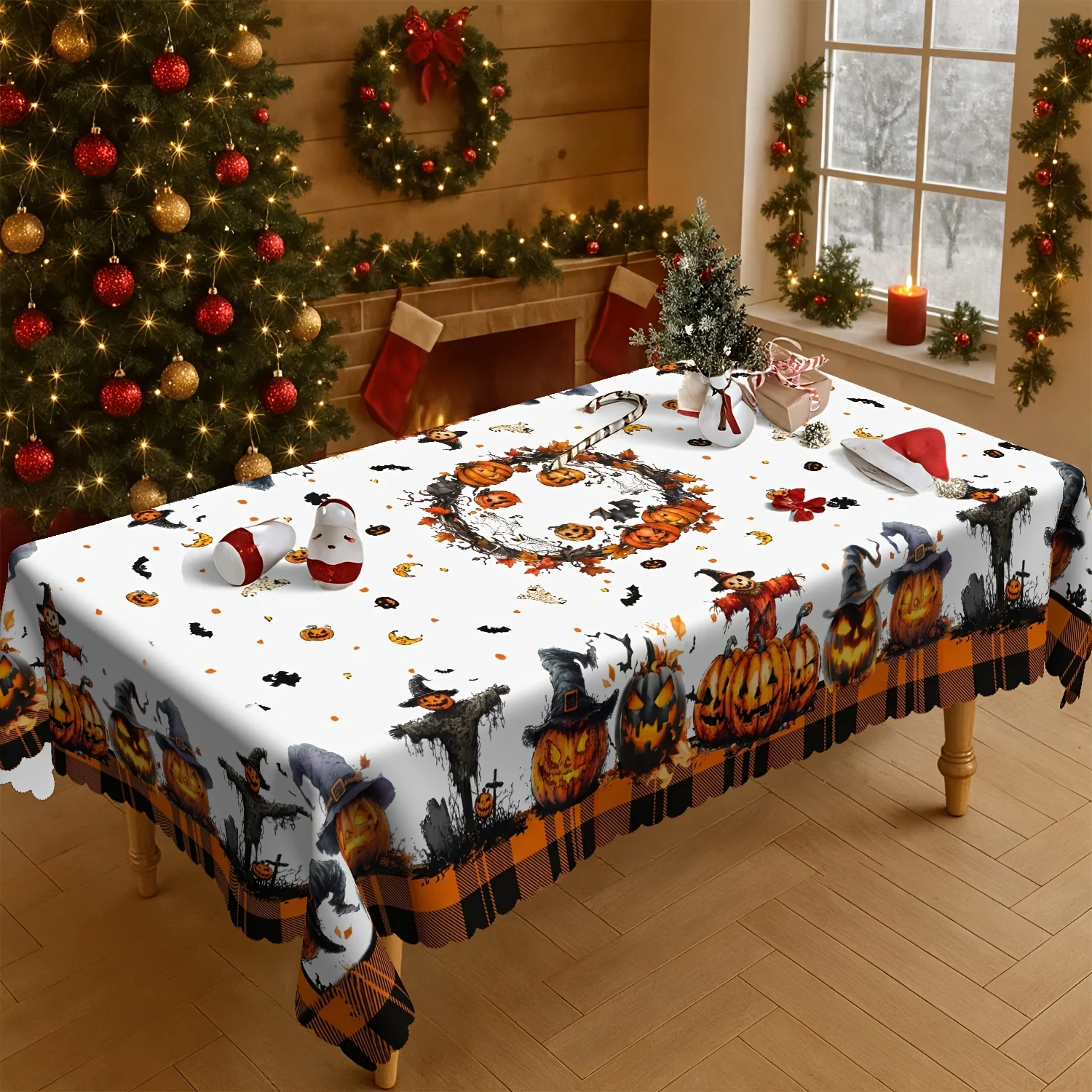 One Halloween and Day of the Dead tablecloth - Buffalo check pumpkin print with witch hat and bat patternszyc