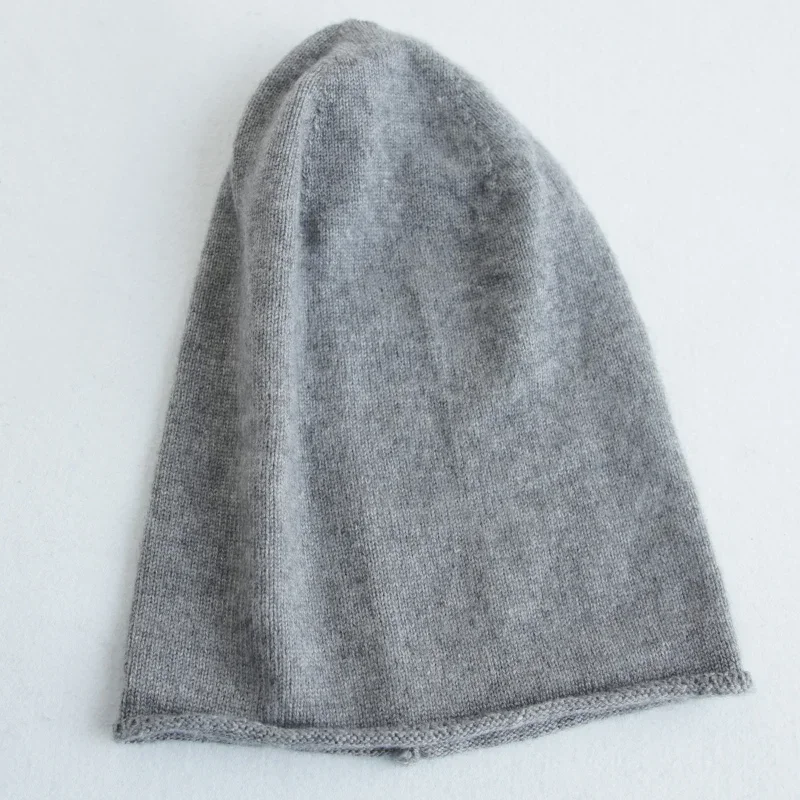 Gorro holgado de punto liso de Cachemira 35% para mujer, gorros lisos simples con dobladillo enrollado, gorro de lana suave para invierno y