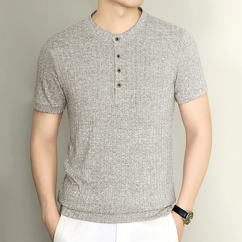 Herren Henley-Kragen Vertikal Geripptes Kurzarm-Strick-T-Shirt Lässige Oberteile Dehnbar Atmungsaktiv Knitterfrei Sommerkleidung – Detail 8