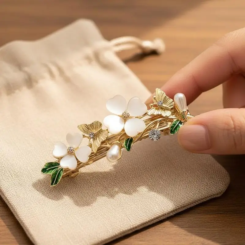 Four Leaf Clover Hair Pin Opal Boutique Hair Clip White Flower Design for Girls Office School Parties