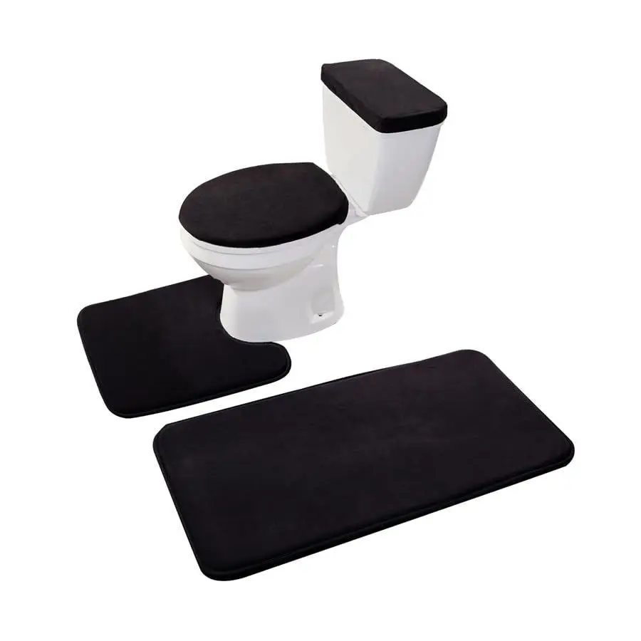 

Memory Foam Bathroom Toilet Rug Set 4 Piece with Toilet Lid Cover and Tank Covers Black