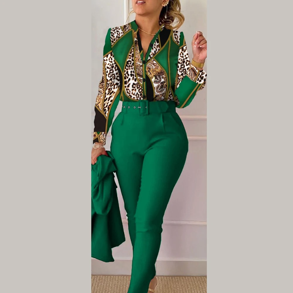 

Fashion Chic Pants Set Women Floral Printed Long Sleeve Shirt And Pants Suit With Belt Street Vintage Two Piece Outfit Tracksuit