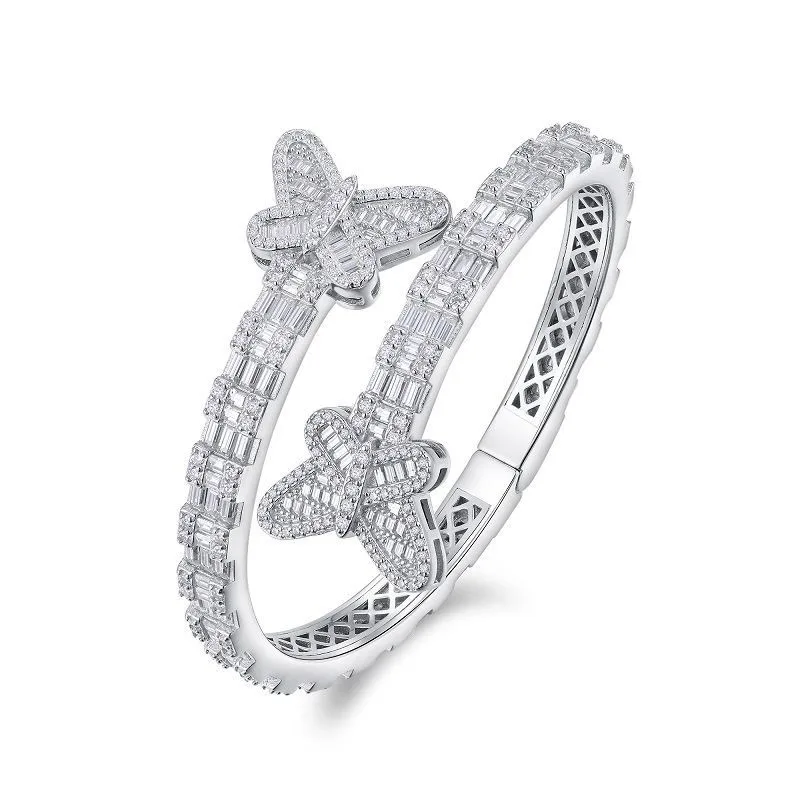 925 Silver Baguette Moissanite Butterfly Cuff Bracelet for Women Hiphop Jewelry White Gold Shine Diamond Rock Bangle Pass Tester