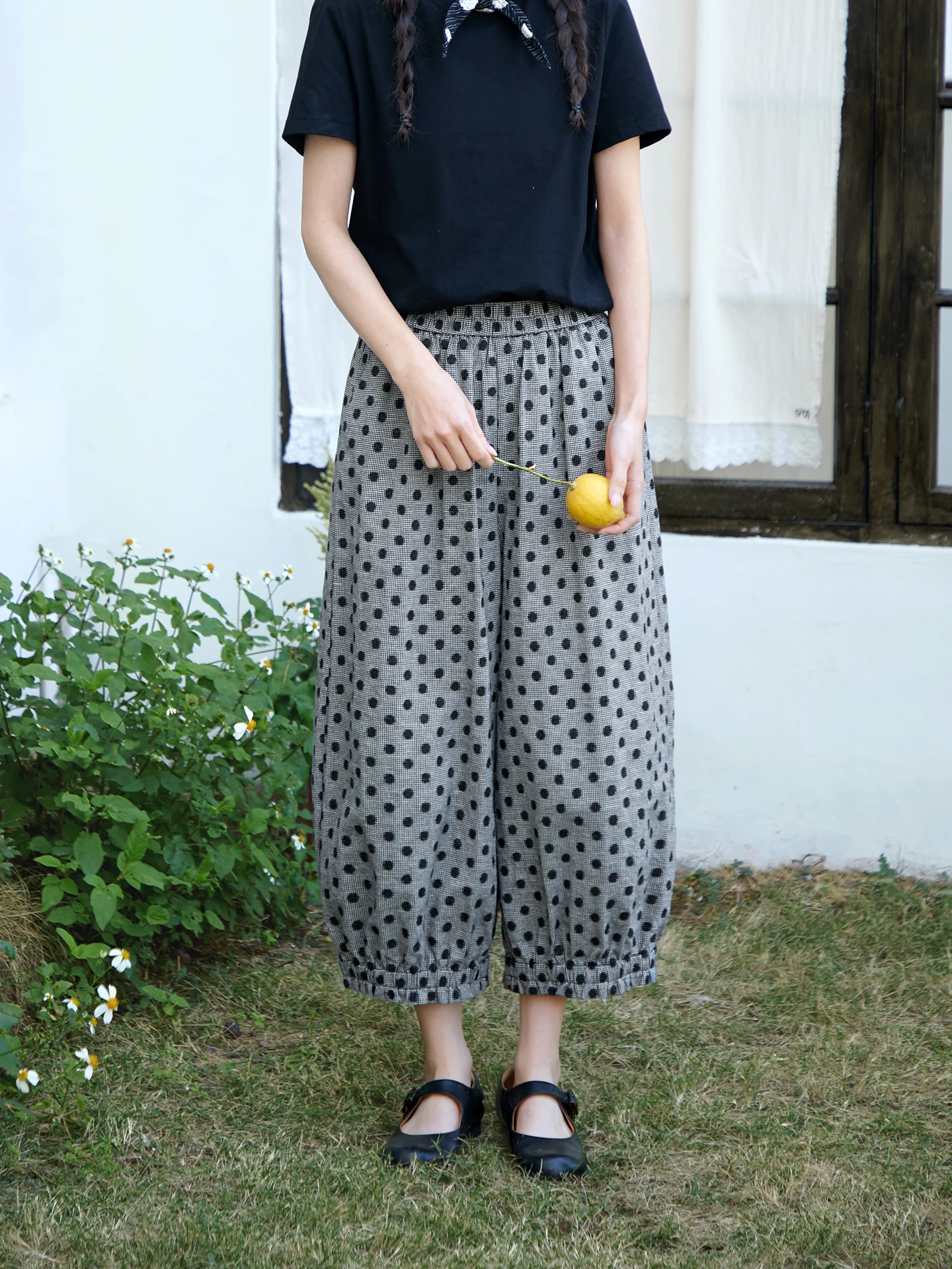 Original Japanese Style Polka Dot Cotton Linen Blend Lantern Pants Women's High Waist Elastic Wide Leg Nine Point Summer Trou...