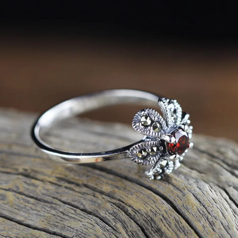 Genuine S925 Sterling Silver Charms Rings for Women New Fashion Little Flowers Garnet Micro Marcasite Punk Jewelry Wholesale