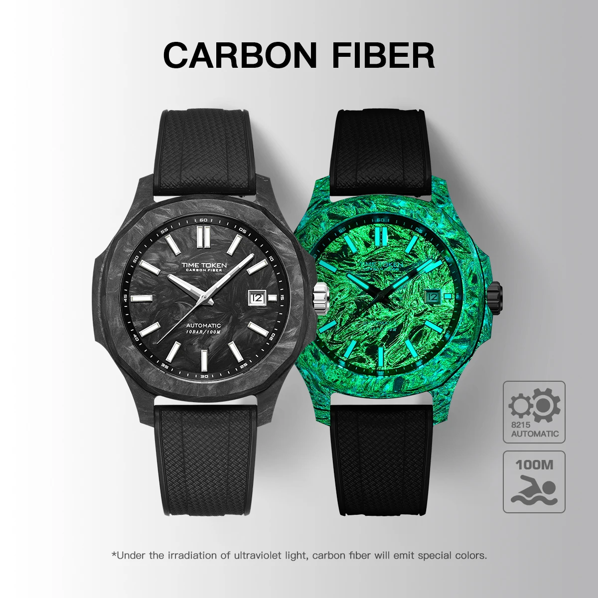 TIME TOKEN Carbonfaser-Herrenuhr 10Bar Wasserdicht Automatikuhr Miyota 8215 Uhr 40MM Leuchtend Kalender Taucher-Armbanduhr