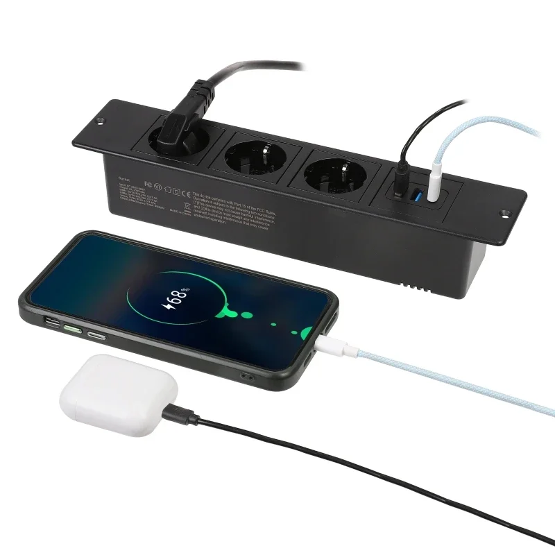 European Multi-plug Embedded Hidden Power Socket Built-in Desktop Power Strip 2 USB A and 1 Type-C PD20W 1.5m Cable Extension