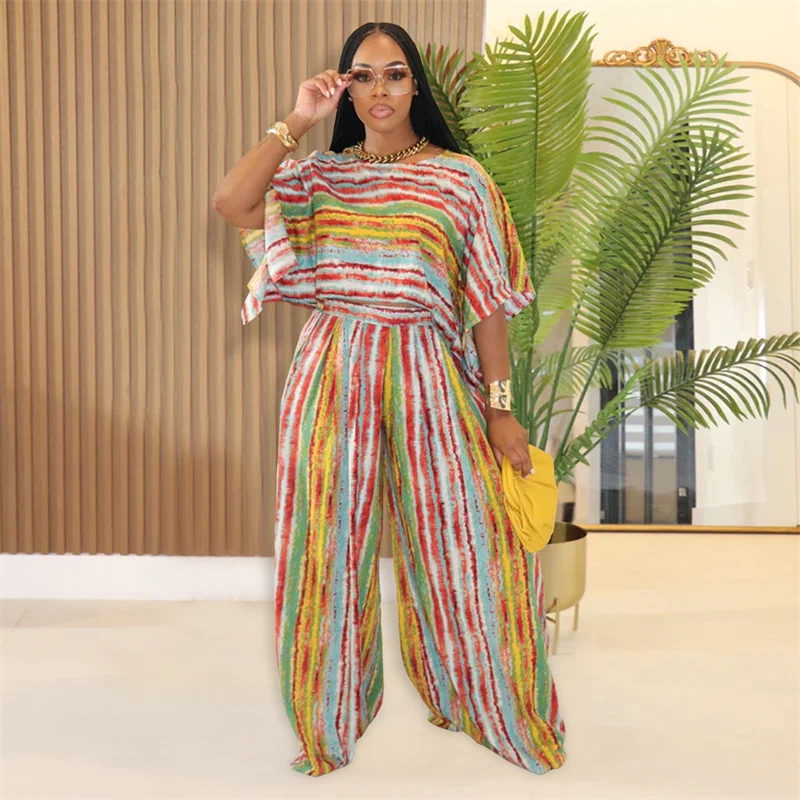 

Doyerl Striped Print Two Piece Set for Women Clothing Loungewear Casual Loose Fit Top and Wide Leg Pants Matching Sets Outfits