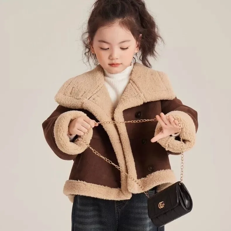 Girls Winter Jacket Thick Fur Integrated Lapel Medium And LargeCoat Children's Clothing 2025 New Winter Collection