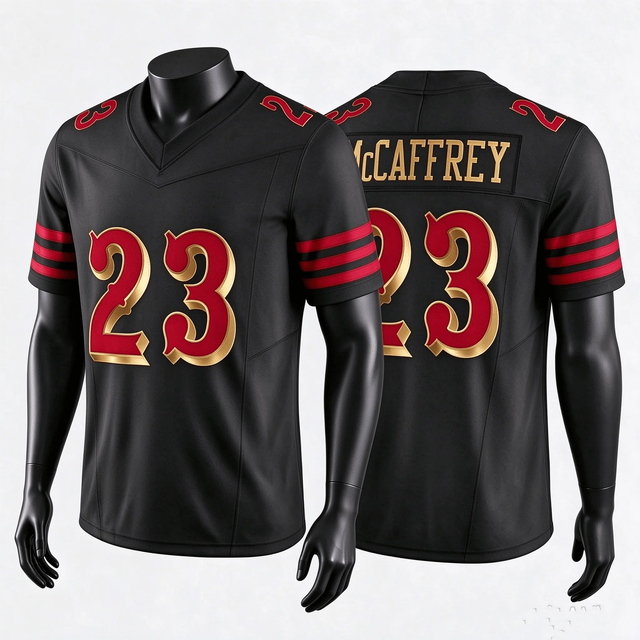 Men #23 McCaffrey Black Football Jersey V‑Neck Short Sleeve Sport Tops Fans Quick Dry Sports Shirt Men Women Family Matching