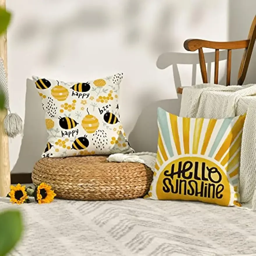 Color life bee happy hello sunshine linen square pillowcase, summer cushion cover sofa  pillowcase 50*50 decor