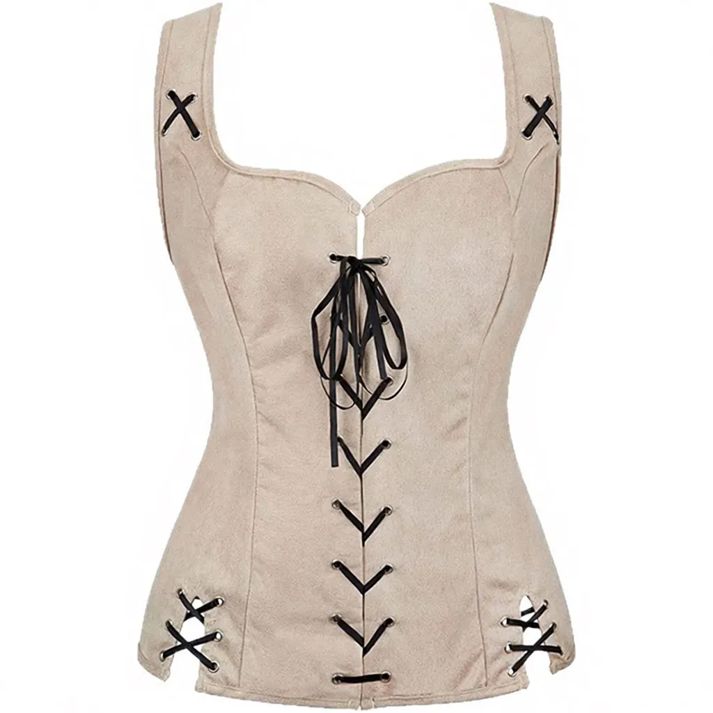 Renaissance Steam Punk Pirate Style Suede Vest with Belt Medieval Fashion Women's Ethnic Clothing Stage Costume Backless Top