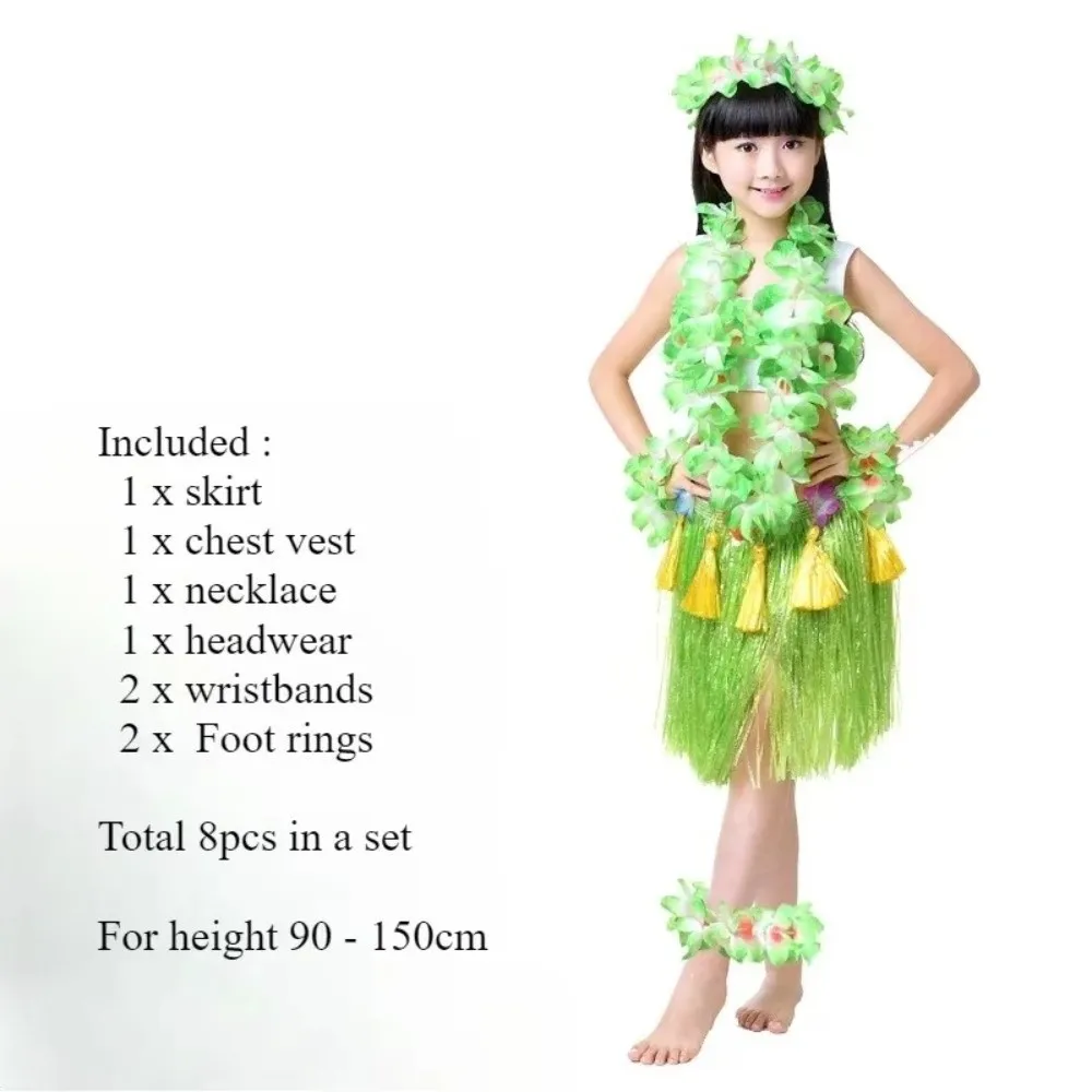 

7/8Pcs Costume Hawaiian Hula Skirt Set Wristbands Necklace Bra Hawaiian Costumes Headband Hawaii Party Supplies