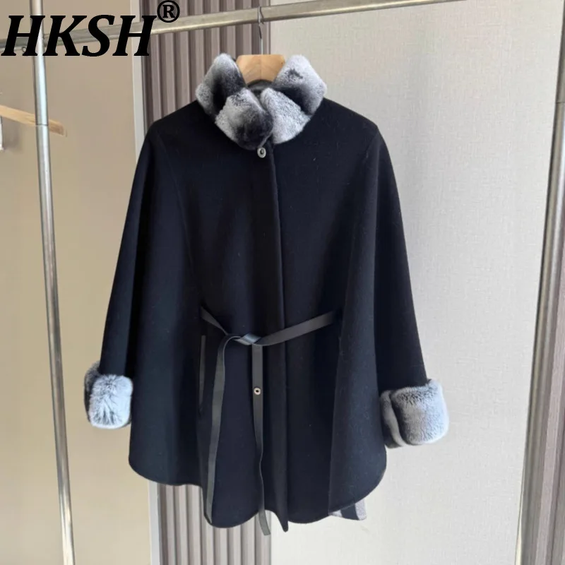 HKSH 2025 Autumn Winter New Women's Overcoat Double-Sided Cashmere Patchwork Faux Fur Cape Shawl High-End Thicken Jacket HK15976