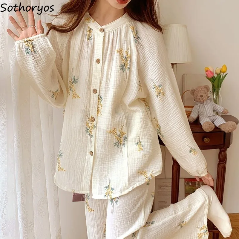 Fashion Pajama Sets for Women Single Breasted Round Neck Long Sleeve Spring Clothing Sweet Girls Outwear Full Length Loose Soft