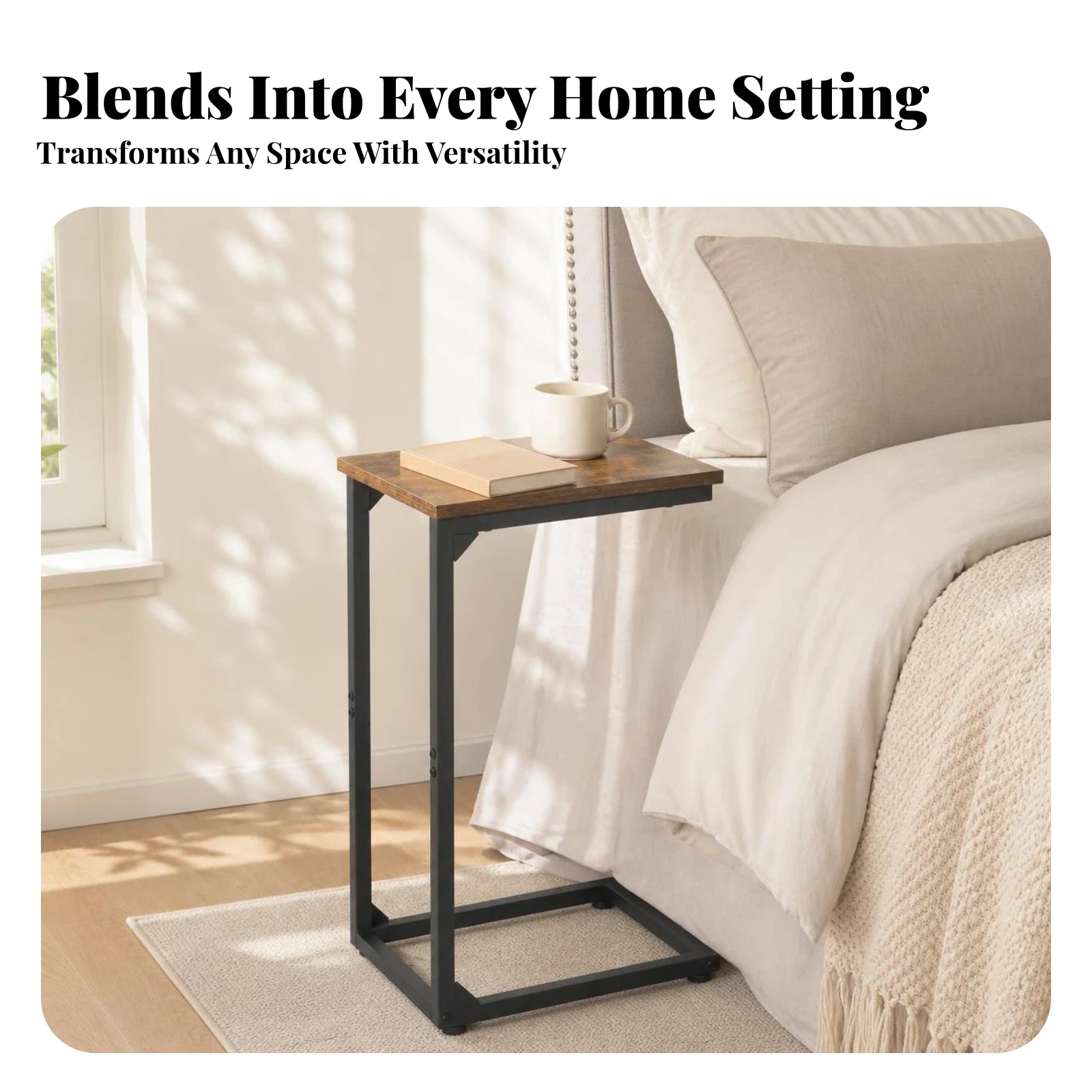 

C-Shaped Side Table Black Steel Frame Sofa Side Table Household Furniture Wood-Grain Rectangular Top