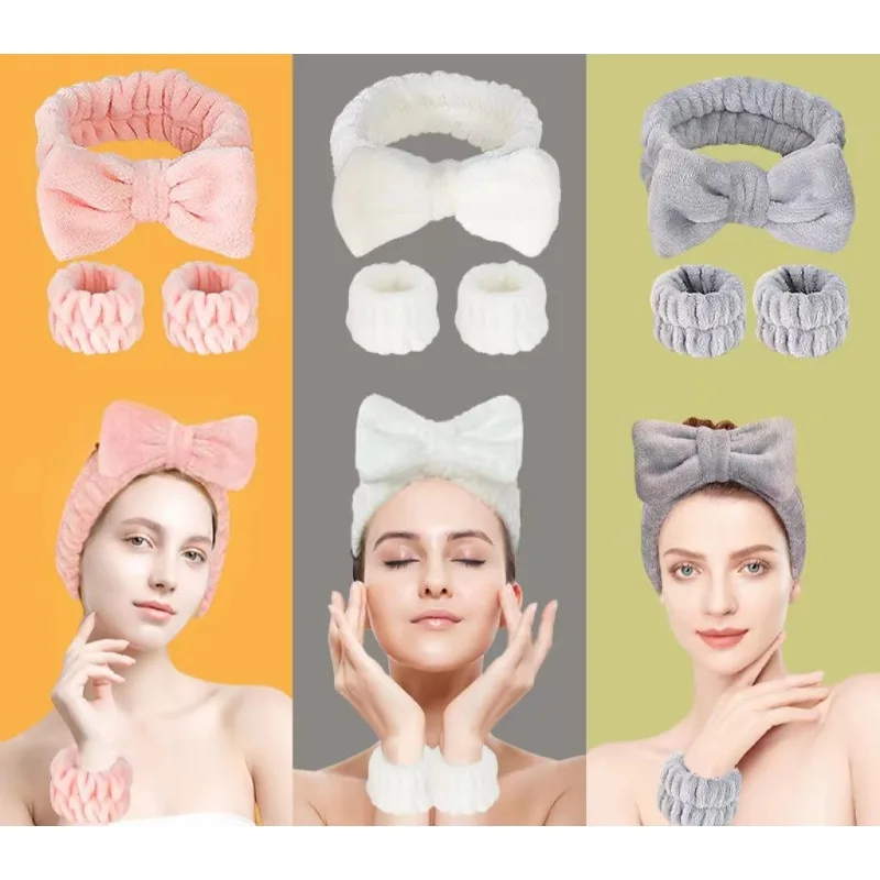 Bow Tied Women Washing Face Water Absorbing Headband Wrist Strap Coral Velvet Wide Edge  Hair Band  Headband  Skin Care Tools