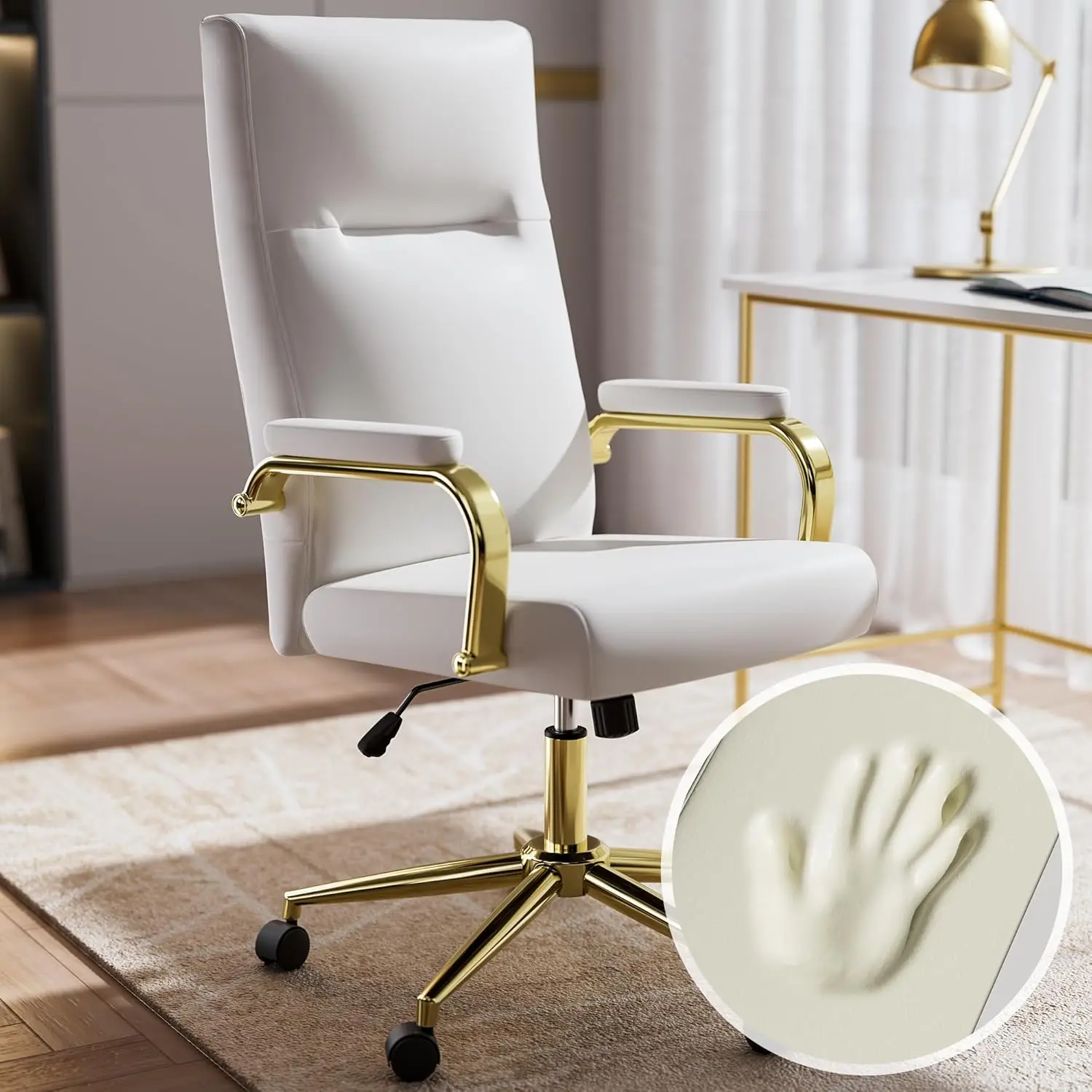 White and Gold Office Chair, Leather Desk Chair with Wheels and Arms, High Back Executive Computer Chair for Girl and Women