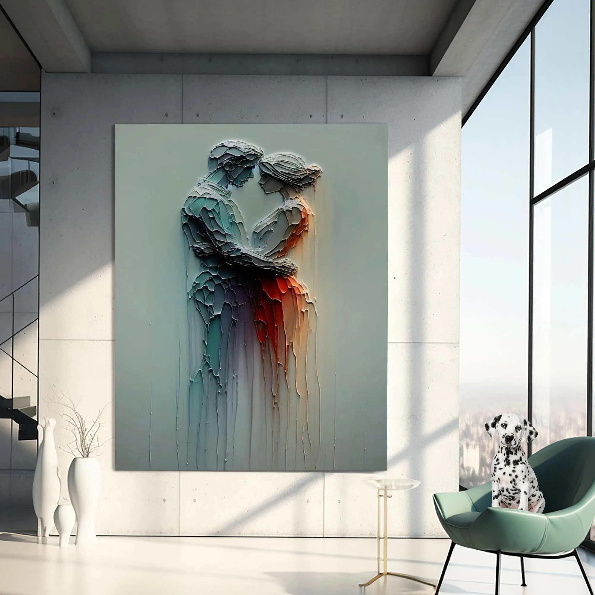 مجردة 2D الإغاثة المسطحة زوجين احتضان قماش جدار الفن - لا طباعة النحت الرومانسي مؤطرة، ملصق عشاق مجردة الحديثة، Uni