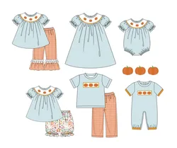 Baby Short Sleeve Set Round Neck Cute Three Pumpkin Embroidery Boy Blue Top Clothes And Lattice Pants With Girls Sister Romper