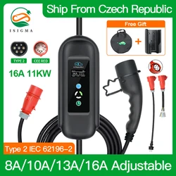 Isigma 11kw Car Charger Type 2 1/3Phase 8A 10A 13A 16A Adjustable IEC 62196-2 CEE Red EU Plug 220V~450V Delay Charge 5m Long