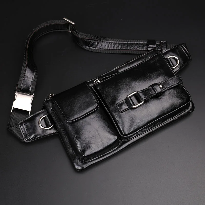 Men's Leather Waist Bag Multi-functional Oil Wax Cowhide Chest Bag with Phone Pocket