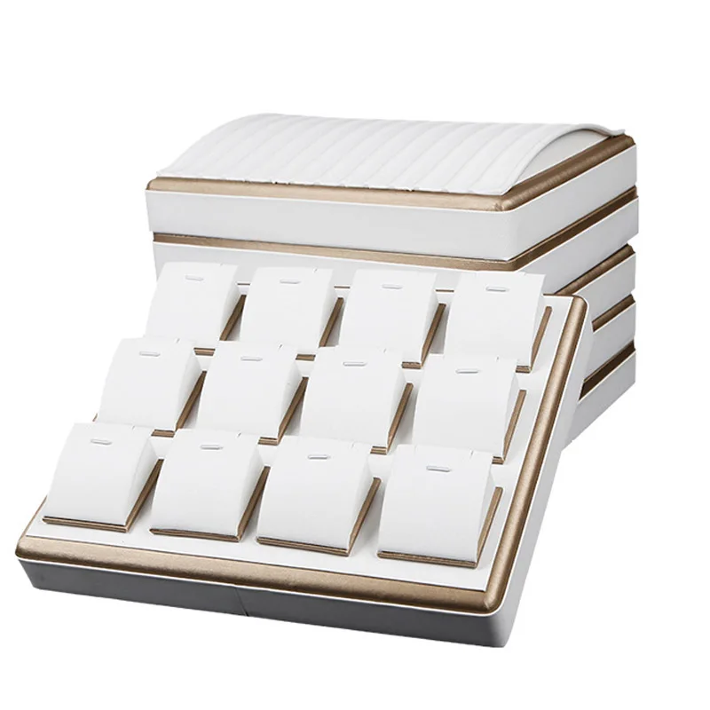 White PU Leather Jewelry Display Tray High-Quality Counter Window Props Storage Box for Rings Necklaces Pendants Earrings