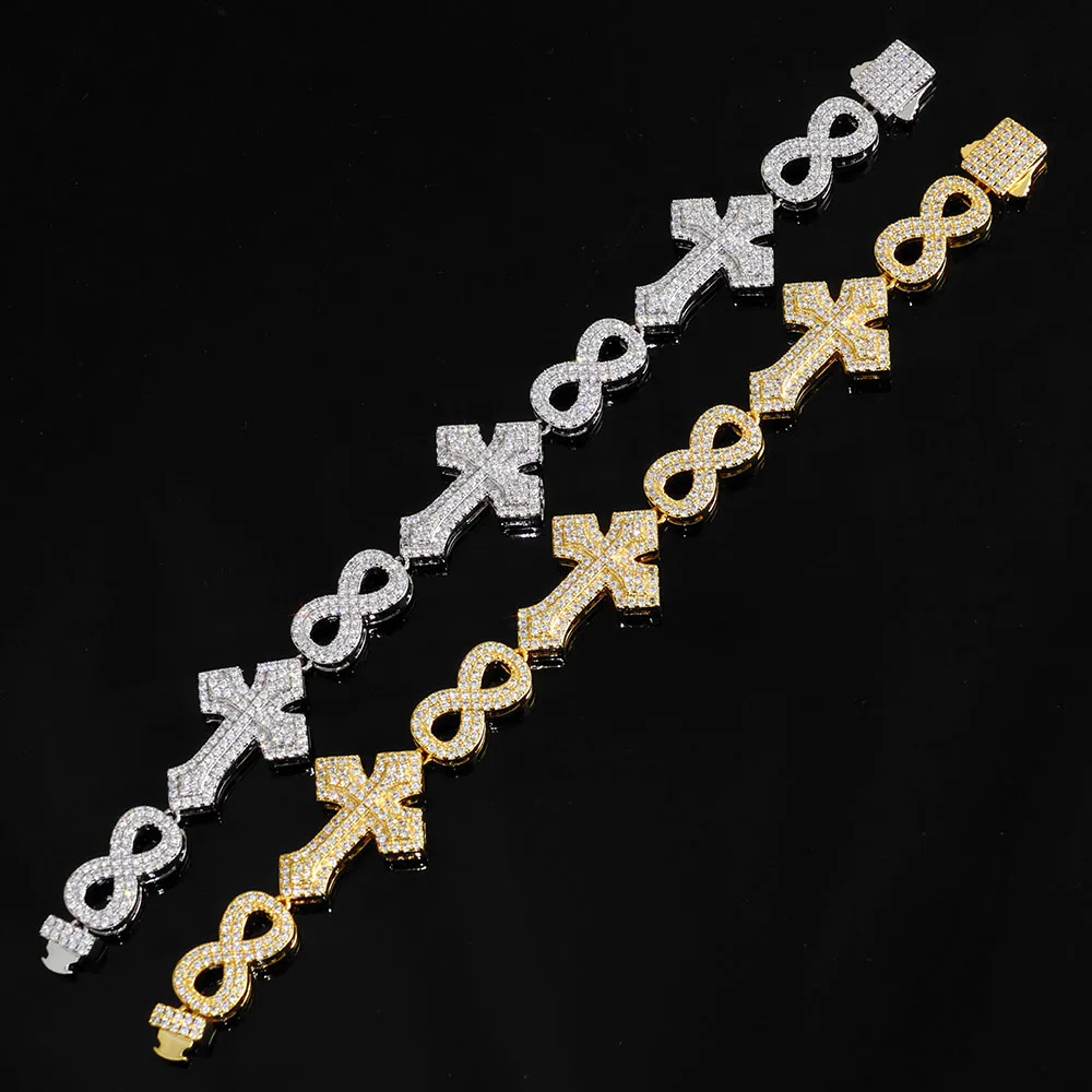 ESKEEM Luxury 8MM Iced Out Diamond Chain Bracelet Gold Plated Cross 8-Character Infinite Design Bling Zircon Fine Jewelry