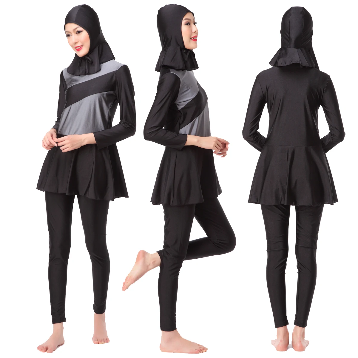 S-3XL Slim 3-Piece Islamic Swimwear Women Muslim Swimsuit Burkini for Ladies Full Cover Contrast Color Diagonal Stripe Quick Dry