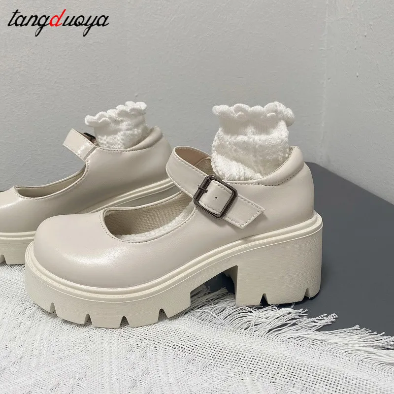 white mary jane Lolita shoes Japanese Students JK Female High Heel Uniform College Girl Shoes Platform shoes Mary Jane Vintage