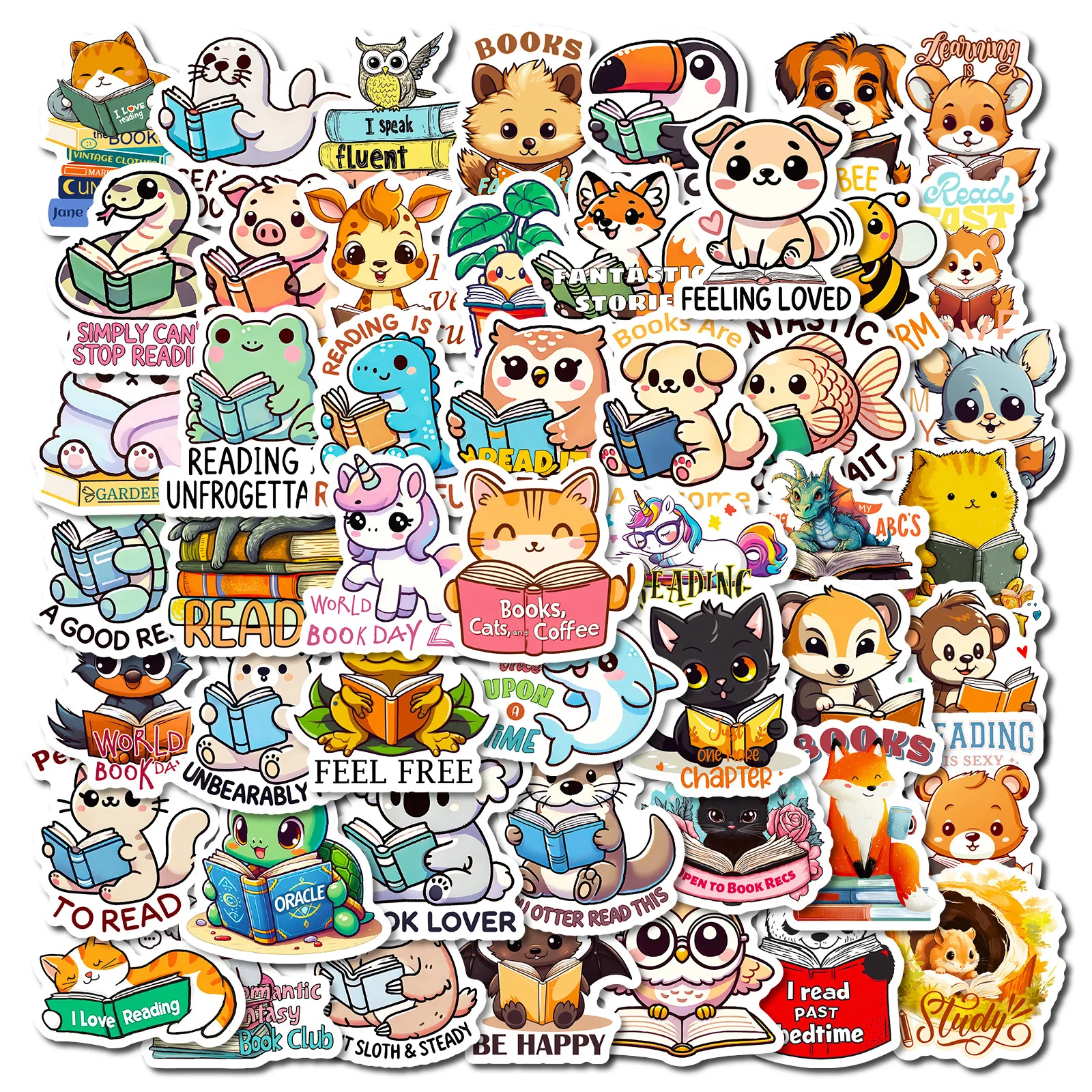 50/56 Cute Animal Reading English Text Stickers Non Repetitive Decoration Water Cup Notebook Waterproof Stationery Stickers