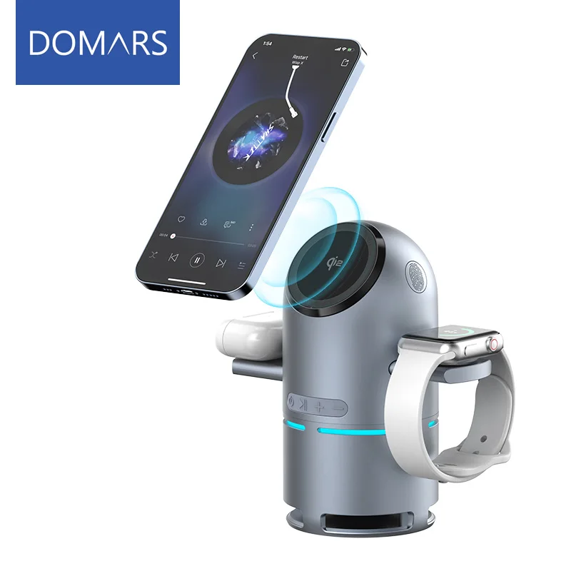Domars Desktop Dual Motor Rotating Wireless Charger Speaker 4 in 1 Magnetic Suitable for Phone Smart Watch Earphone