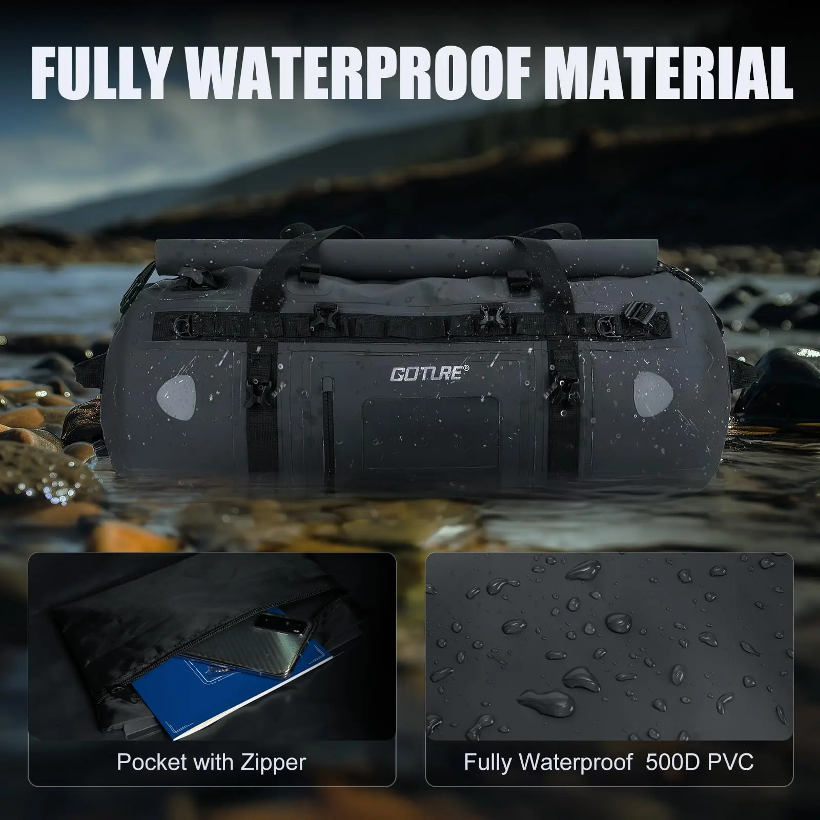 Goture Motorcycle Dry Bag Waterproof Duffle & Luggage Tail Bag Saddle Bags with Transparent Pocket Roll Top Closure Rod Holder