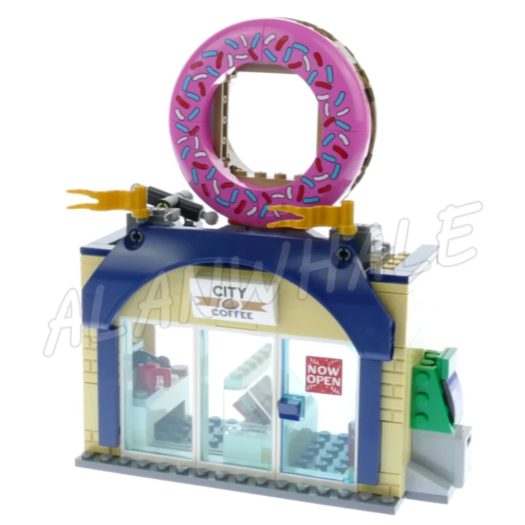 848 elementów Zestaw klocków City Donut shop otwierający się sklep z donutami, rower cargo do kawy, dźwig, przyczepa, ciężarówka, furgonetka, miasto 11392 Kompatybilny z modelem