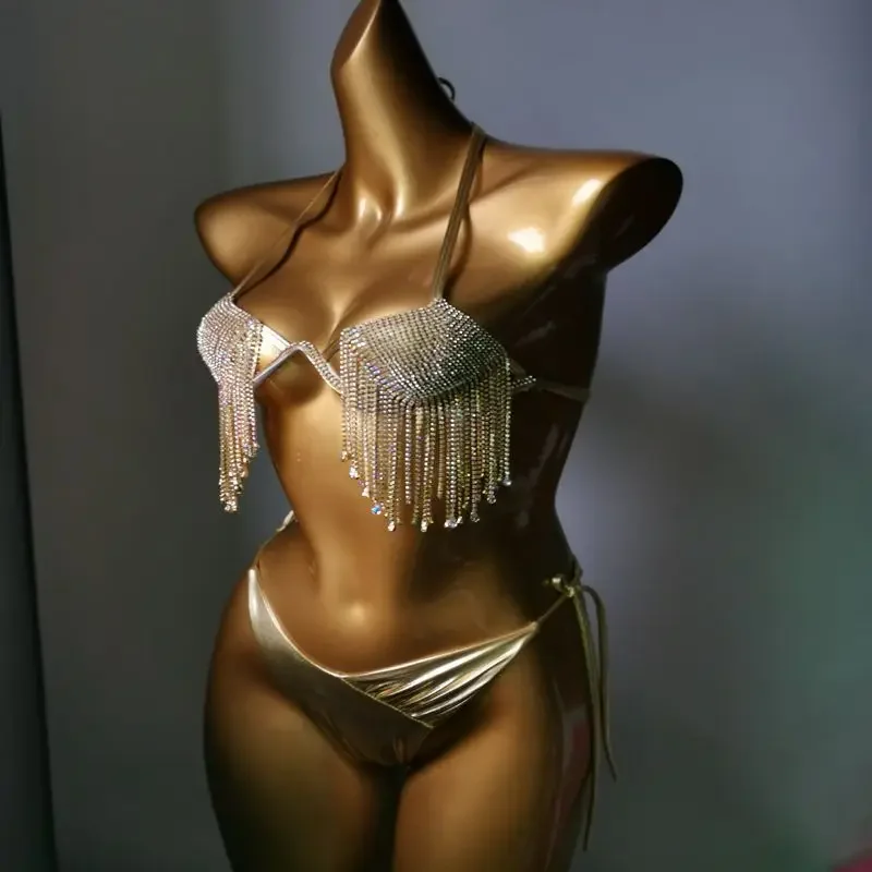 2025 New Nightclub Suit Steel Holder Hard Cup Bikini Diamond Swimwear Silver Tassel Shining Bodybuilding Performance Suit