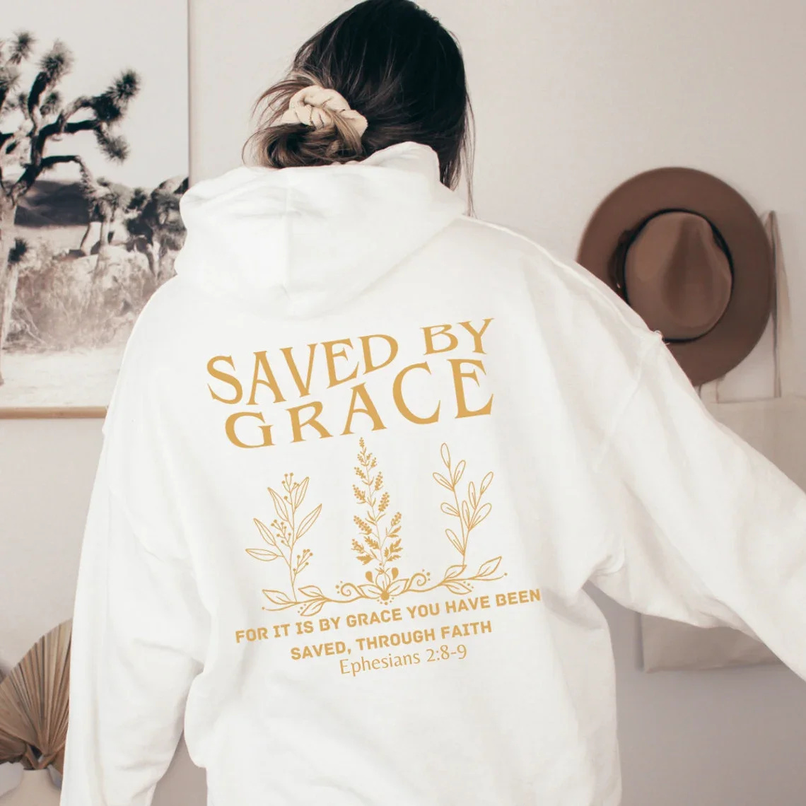 Christian Bible Verse Hoodie Faith Sweatshirts SAVED BY GRACE Lette Slogan Print Hoodies For Women Comfortable Soft Streetwear