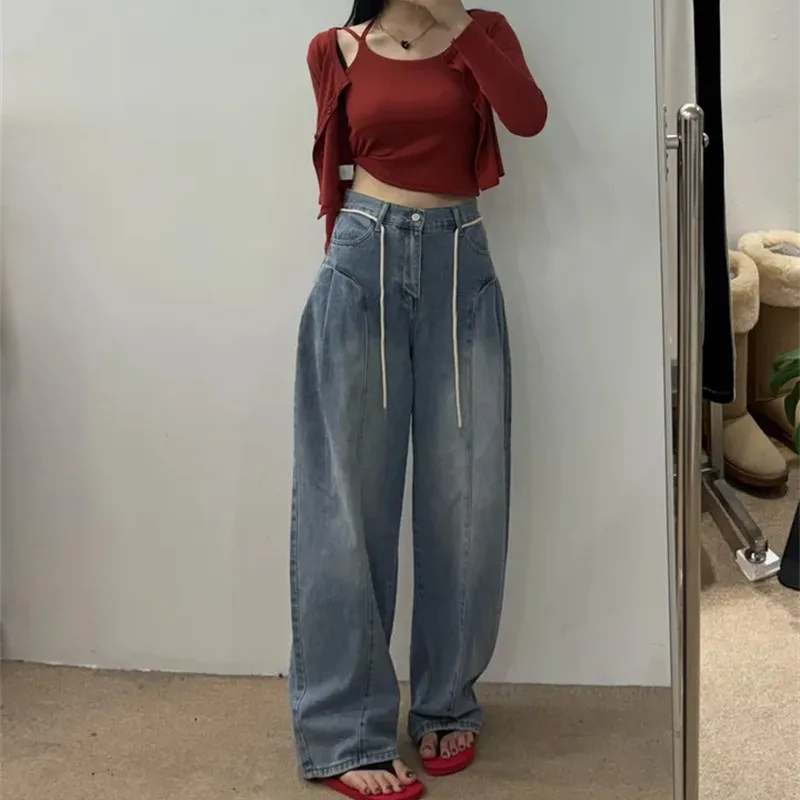 Retro Waed A-Waist Denim Jeans with Knot Rope And Needle Pleats Women's Korean Sle Casual Straight Leg Trousers