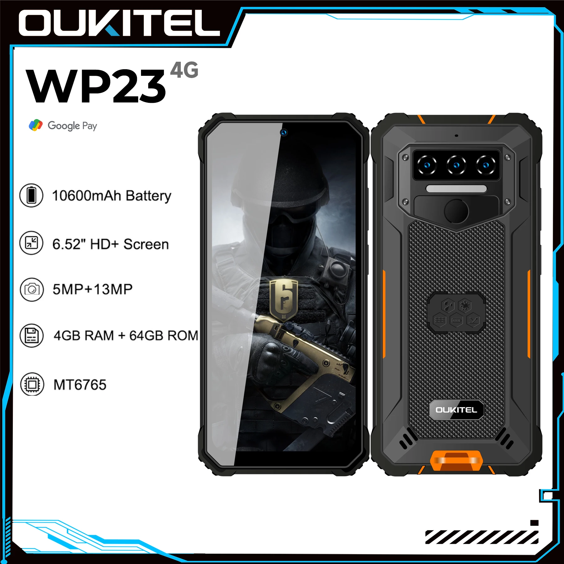 Oukitel WP23 Прочный аккумулятор Android 13 4 ГБ 64 ГБ 10600 мАч Задняя камера 13 МП 6,52 дюйма HD + дисплей