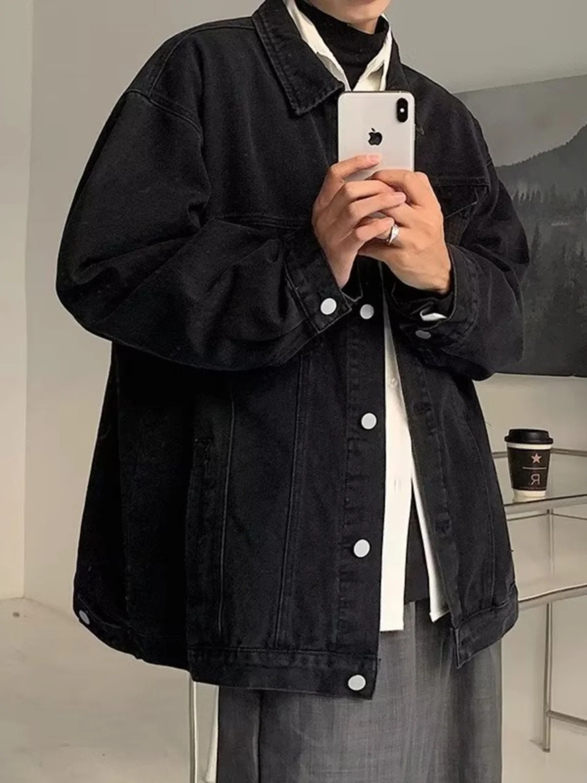 

Retro American Bla Denim Jaet Men's Spring Autumn Casual Sle Loose Workwear High Street Oversize Jaet for Couples