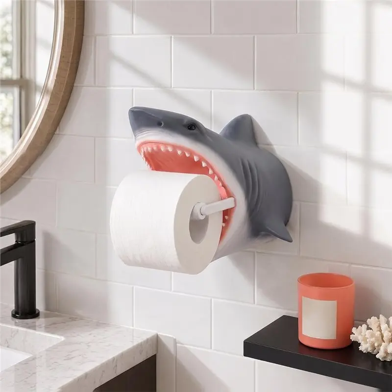 PORK-Shark Toilet Paper Holder, Wall-Mounted Bathroom Decor Toilet Paper Roll Stand For Bathroom,Modern Ocean Themed For Home