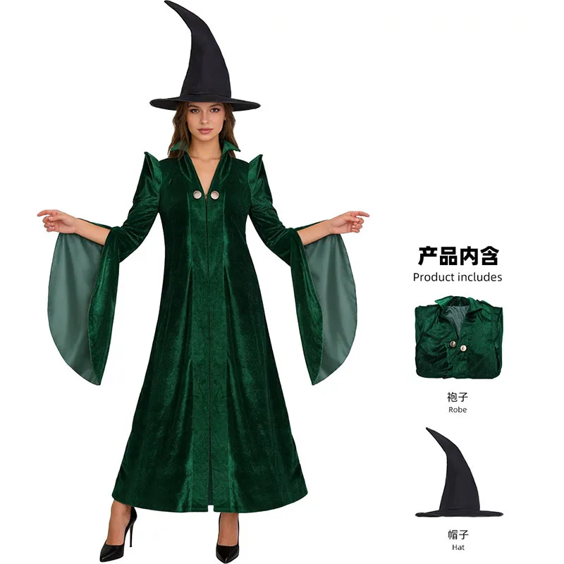 

New Professor Minervaa McGonagalll Cosplay Costume Dark Green Dress Robe Cape Hat Velvet Cosplay Costume Halloween Carnival Suit