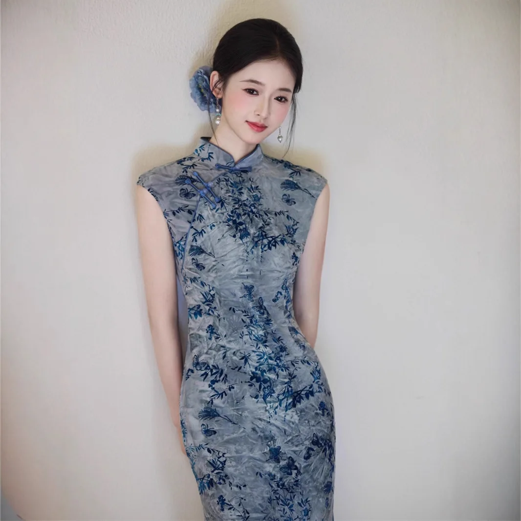 Vestido Cheongsam Azul de Alta Calidad con Tie Dye, Largo, Sin Mangas, Retro, Sexy, Ajustado, Qipao, Vestido Tradicional Chino para Mujer SW-004