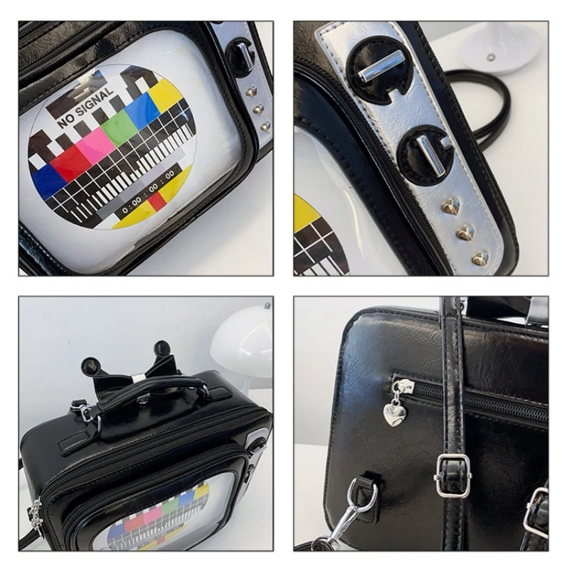 حقيبة ظهر نسائية مع موضوع تلفزيون قديم ومقصورات وظيفية وحقيبة كتف مربعة من البولي يوريثان ومحفظة كروس للأساسية #6