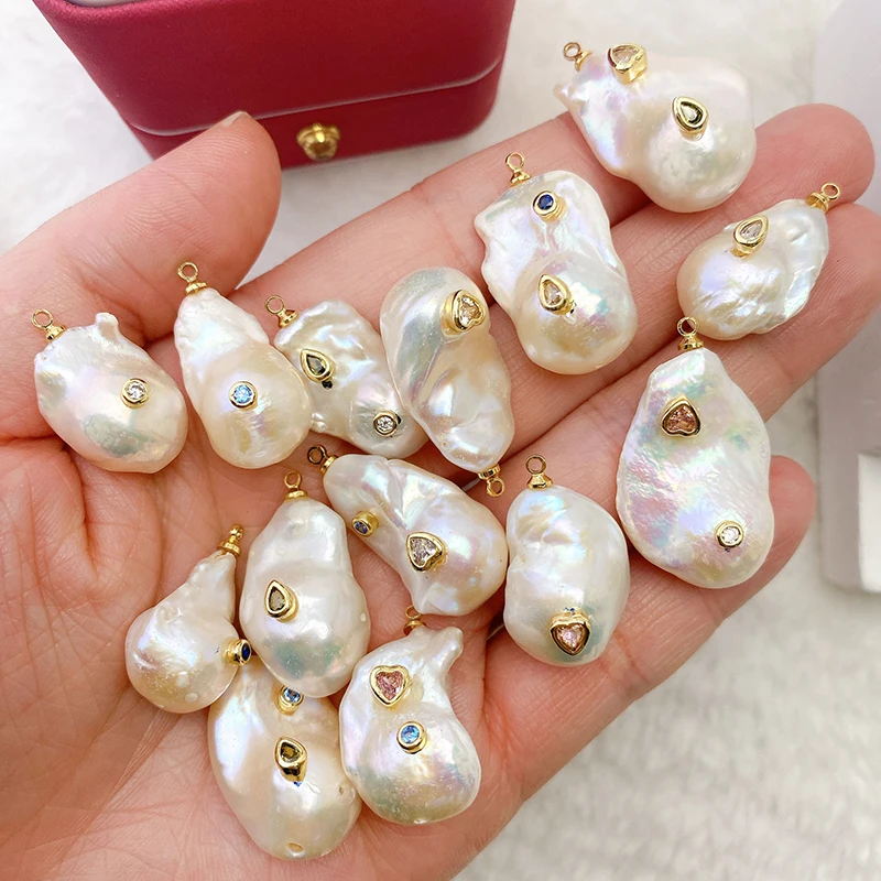 Fashion Natural Pearl Shell Charm Pendant,Real 18K Gold Plated Jewelry Necklace Craft Making Colorful Zircon DIY Accessories R17